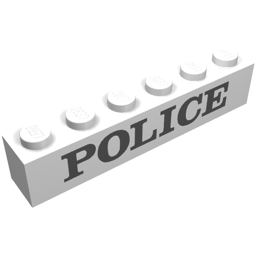 Rendu LDraw de Brique 1 x 6 avec motif imprimé noir serif 'POLICE' (Brick 1 x 6 with 'POLICE' Serif Black Print), couleur indicative