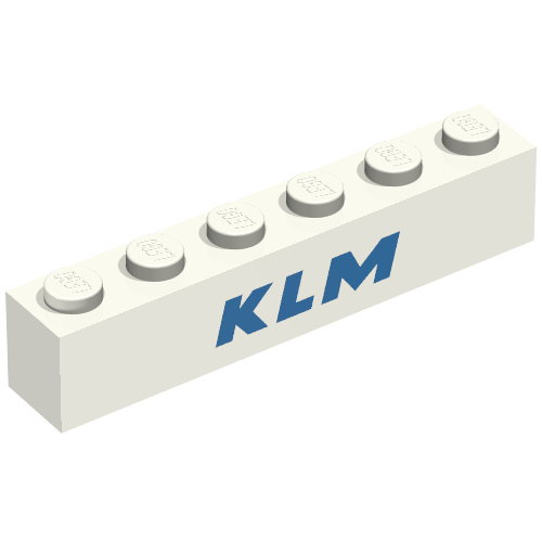 Rendu LDraw de Brique 1 x 6 avec motif imprimé bleu 'KLM' (Brick 1 x 6 with 'KLM' Blue Print), couleur indicative