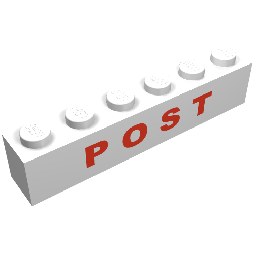 Rendu LDraw de Brique 1 x 6 avec motif imprimé rouge épais 'POST' (Brick 1 x 6 with 'POST' Thick Red Print), couleur indicative