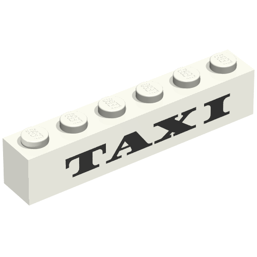 Rendu LDraw de Brique 1 x 6 avec motif imprimé épais 'TAXI' (Brick 1 x 6 with 'TAXI' Thick Print), couleur indicative