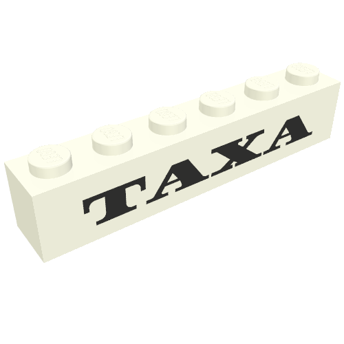 Rendu LDraw de Brique 1 x 6 avec motif imprimé noir épais 'TAXA' Serif (Brick 1 x 6 with 'TAXA' Serif Thick Black Print), couleur indicative