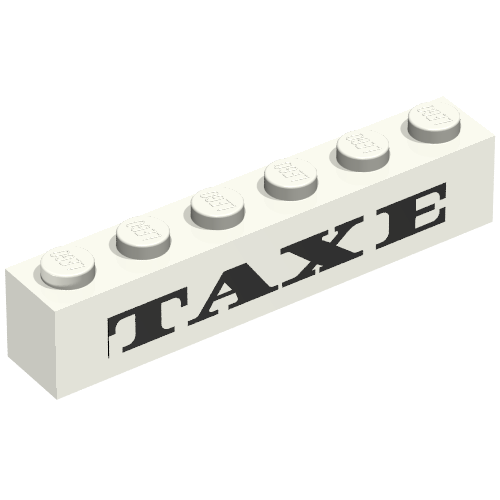 Rendu LDraw de Brique 1 x 6 avec motif imprimé 'TAXE' (Brick 1 x 6 with 'TAXE' Print), couleur indicative