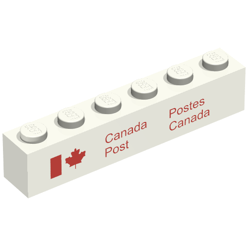 Rendu LDraw de Brique 1 x 6 avec le logo de Postes Canada imprimé (Brick 1 x 6 with Canada Post Logo Print), couleur indicative