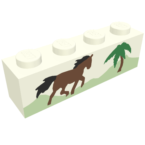 Rendu LDraw de Brique 1 x 4 avec cheval course et palmier motif imprimé (Brick 1 x 4 with Horse Running and Palm Tree Print), couleur indicative