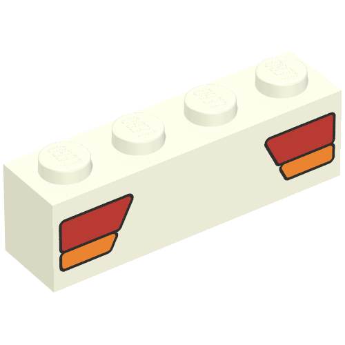 Rendu LDraw de Brique 1 x 4 avec feux arrière de voiture Motif imprimé rouge et orange (Brick 1 x 4 with Car Taillights Red and Orange Print), couleur indicative