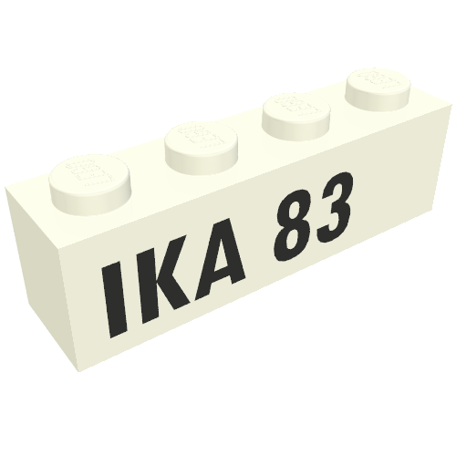 Rendu LDraw de Brique 1 x 4 avec motif imprimé noir 'IKA 83' (Brick 1 x 4 with Black 'IKA 83' Print), couleur indicative