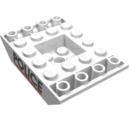 Rendu LDraw de Brique inclinée inversée 45° 6 x 4 double avec centre encastré et motif imprimé "POLICE" et ligne rouge (Brick Sloped Inverted 45° 6 x 4 Double with Recessed Center and "POLICE" and Red Line Print), couleur indicative