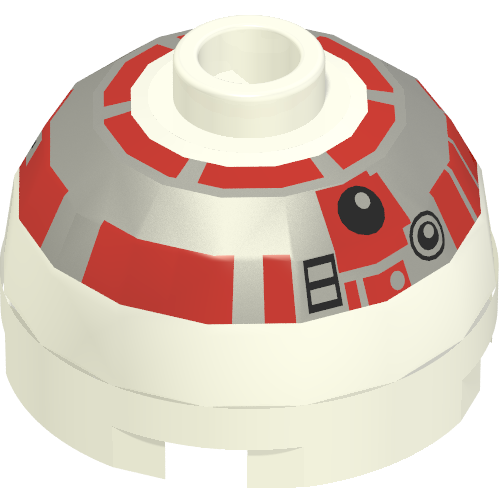 Brique ronde 2 x 2 dessus de dôme, tenon creux bouché, porte-essieu inférieur avec motif imprimé astromécano droïde argent et rouge (r5-d4) (Brick Round 2 x 2 Dome Top, Blocked Open Stud, Bottom Axle Holder with Silver and Red Astromech Droid Print (R5-D4))