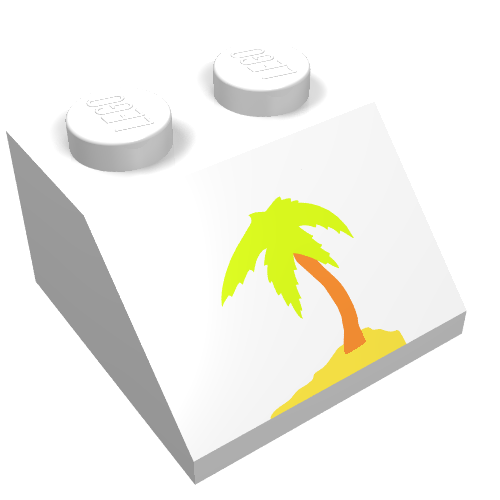 Rendu LDraw de Brique inclinée 45° 2 x 2 avec motif imprimé palmier (Brick Sloped 45° 2 x 2 with Palm Tree Print), couleur indicative