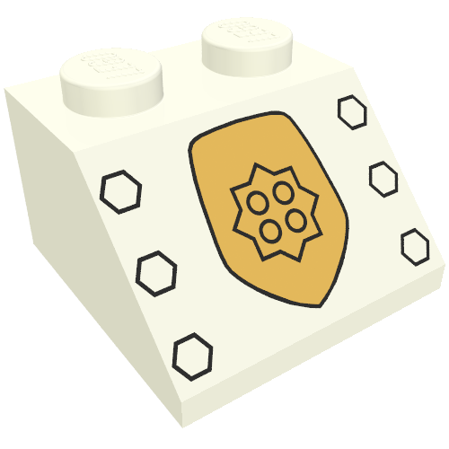Rendu LDraw de Brique inclinée 45 ° 2 x 2 avec badge de police en or de la ville du monde et six boutons motif imprimé (Brick Sloped 45° 2 x 2 with World City Gold Police Badge and Six Knobs Print), couleur indicative