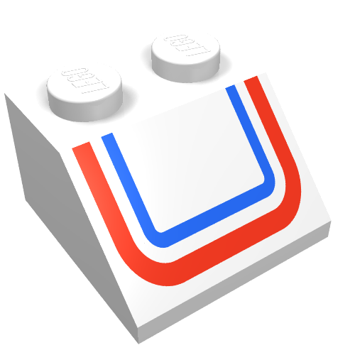 Rendu LDraw de Brique inclinée 45° 2 x 2 avec motif imprimé en U rouge/bleu (Brick Sloped 45° 2 x 2 with Red/Blue U-shaped Stripe Print), couleur indicative