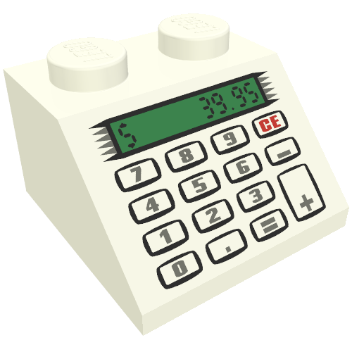 Rendu LDraw de Brique inclinée 45° 2 x 2 avec caisse enregistreuse et motif imprimé 39,95$ (Brick Sloped 45° 2 x 2 with Cash Register and $39.95 Print), couleur indicative