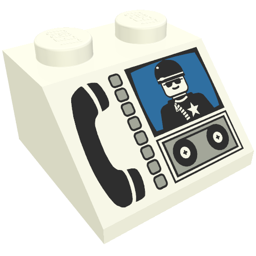 Rendu LDraw de Brique inclinée 45° 2 x 2 avec téléphone et motif imprimé figurine (Brick Sloped 45° 2 x 2 with Phone and Minifig Print), couleur indicative