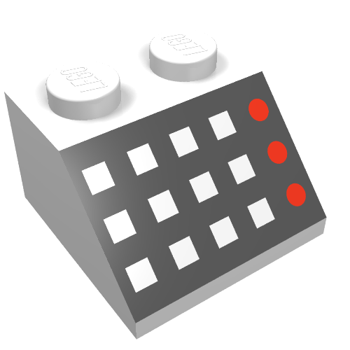 Rendu LDraw de Brique inclinée 45° 2 x 2 avec 12 boutons, 3 lampes rouges, motif imprimé panneau noir (Brick Sloped 45° 2 x 2 with 12 Buttons, 3 Red Lamps, Black Panel Print), couleur indicative