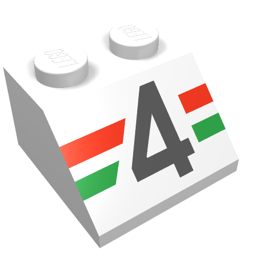 Rendu LDraw de Brique inclinée 45° 2 x 2 avec motif imprimé noir '4' sur rayures rouges et vertes (Brick Sloped 45° 2 x 2 with Black '4' over Red and Green Stripes Print), couleur indicative