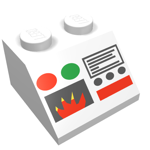 Rendu LDraw de Brique inclinée 45° 2 x 2 avec Flamme et Panneau de contrôle motif imprimé feu (Brick Sloped 45° 2 x 2 with Flame and Control Panel Print fire), couleur indicative