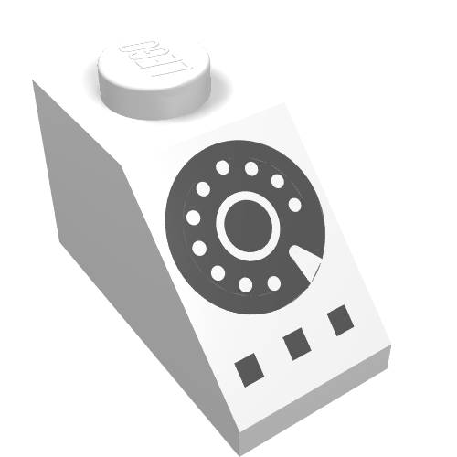 Rendu LDraw de Brique inclinée 45° 2 x 1 avec connecteur inférieure, avec cadran rotatif noir imprimé (Brick Sloped 45° 2 x 1 with Bottom pin, with Black Rotary Dial Print), couleur indicative