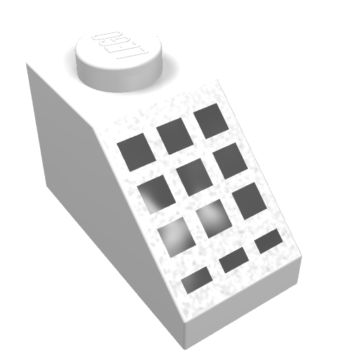 Rendu LDraw de Brique inclinée 45° 2 x 1 avec connecteur du bas, avec 9 grands + 3 petits boutons noirs imprimés (Brick Sloped 45° 2 x 1 with Bottom pin, with 9 Large + 3 Small Black Buttons Print), couleur indicative