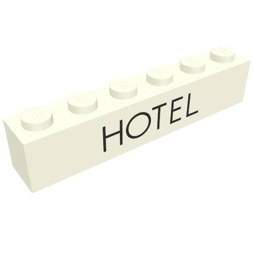 Rendu LDraw de Brique 1 x 6 avec motif imprimé noir 'HOTEL' (Brick 1 x 6 with 'HOTEL' Black Print), couleur indicative
