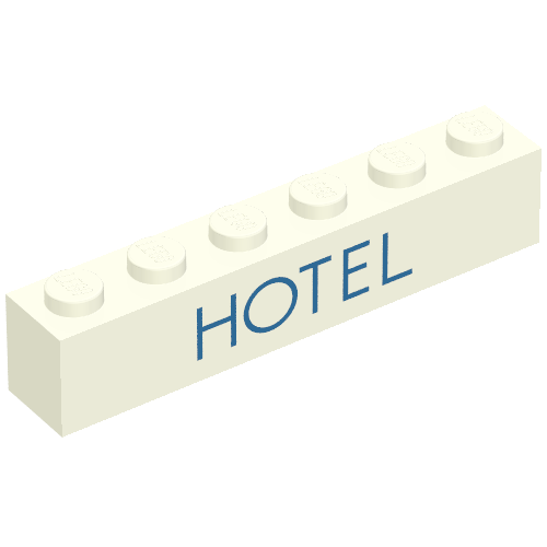 Rendu LDraw de Brique 1 x 6 avec motif imprimé bleu 'HOTEL' (Brick 1 x 6 with 'HOTEL' Thin Blue Print), couleur indicative