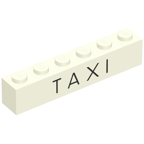 Rendu LDraw de Brique 1 x 6 avec motif imprimé fin 'TAXI' (Brick 1 x 6 with 'TAXI' Thin Print), couleur indicative