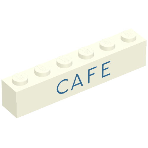 Rendu LDraw de Brique 1 x 6 avec motif imprimé bleu fin 'CAFE' (Brick 1 x 6 with 'CAFE' Thin Blue Print), couleur indicative