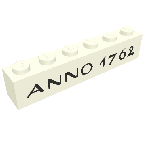 Rendu LDraw de Brique 1 x 6 avec motif imprimé noir 'ANNO 1762' (Brick 1 x 6 with 'ANNO 1762' Thin Black Print), couleur indicative