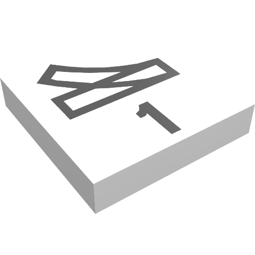 Rendu LDraw de Tuile 2 x 2 sans rainure avec pointe de train à droite, 1 motif imprimé (Tile 2 x 2 without Groove with Train Point Right, 1 Print), couleur indicative