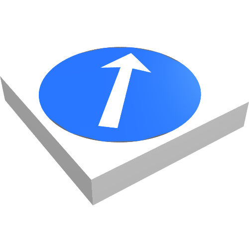 Rendu LDraw de Tuile 2 x 2 avec flèche blanche sur disque bleu motif imprimé (Tile 2 x 2 with White Arrow on Blue Disc Print), couleur indicative