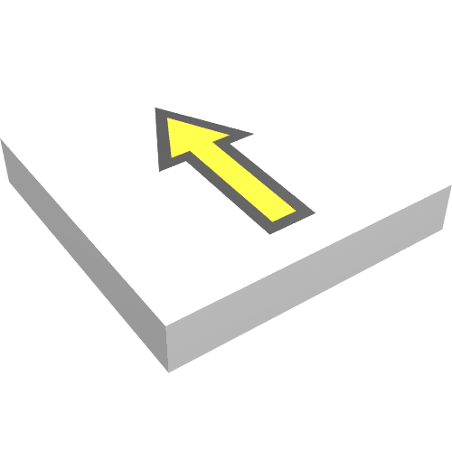 Rendu LDraw de Tuile 2 x 2 avec flèche mince jaune avec motif imprimé bord noir (Tile 2 x 2 with Arrow Thin Yellow with Black Border Print), couleur indicative