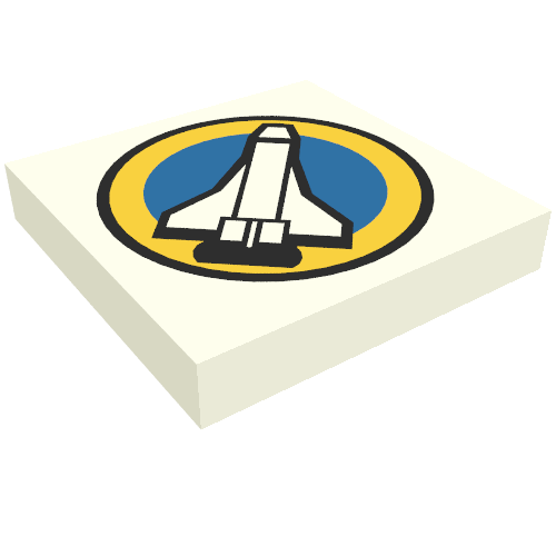 Rendu LDraw de Tuile 2 x 2 avec logo du port spatial, navette spatiale sur fond bleu avec motif imprimé bordure jaune (Tile 2 x 2 with Space Port Logo, Space Shuttle on Blue Background with Yellow Border Print), couleur indicative