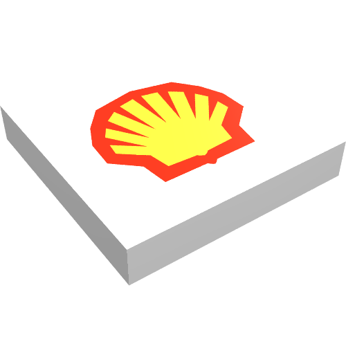 Rendu LDraw de Tuile 2 x 2 avec motif imprimé de logo Shell (Tile 2 x 2 with Shell Logo Print), couleur indicative