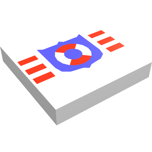 Rendu LDraw de Tuile 2 x 2 avec bouclier de garde-côte et motif imprimé rayures (Tile 2 x 2 with Coast Guard Shield and Stripes Print), couleur indicative