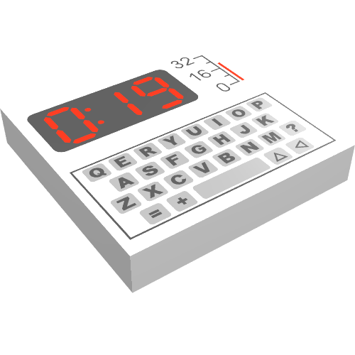 Rendu LDraw de Tuile 2 x 2 avec clavier et motif imprimé rouge '0:19' (Tile 2 x 2 with Keyboard and Red '0:19' Print), couleur indicative