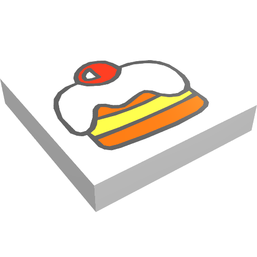 Rendu LDraw de Tuile 2 x 2 avec gâteau Fabuland, glaçage et motif imprimé cerise rouge (Tile 2 x 2 with Fabuland Cake, Icing and Red Cherry Print), couleur indicative