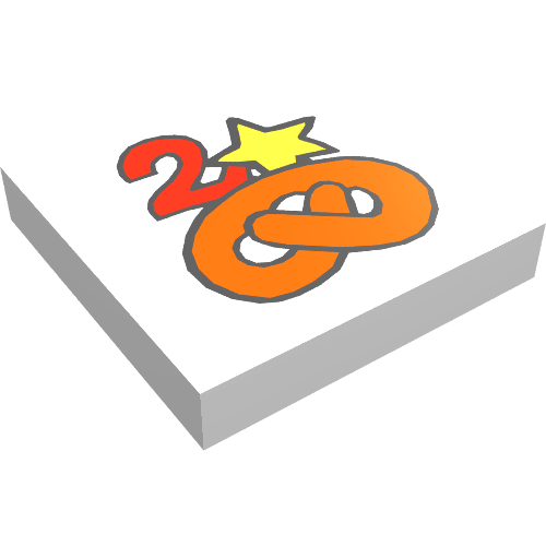 Rendu LDraw de Tuile 2 x 2 avec bretzel Fabuland, '2' et motif imprimé étoile (Tile 2 x 2 with Fabuland Pretzel, '2', and Star Print), couleur indicative