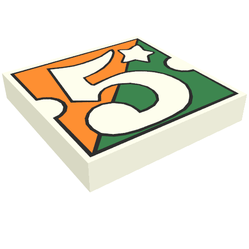 Rendu LDraw de Tuile 2 x 2 avec le numéro 5 Fabuland Orange/Vert Motif imprimé (Tile 2 x 2 with Number 5 Fabuland Orange/Green Background Print), couleur indicative