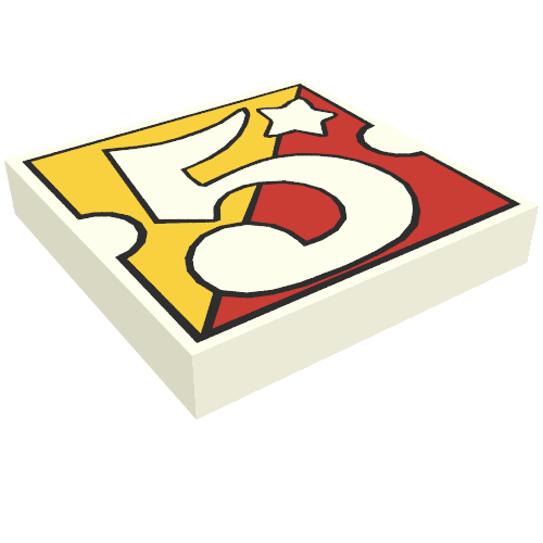 Rendu LDraw de Tuile 2 x 2 avec motif imprimé numéro 5 Fabuland jaune/rouge (Tile 2 x 2 with Number 5 Fabuland Yellow/Red Background Print), couleur indicative
