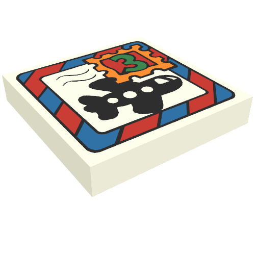 Rendu LDraw de Tuile 2 x 2 avec enveloppe de courrier Fabuland, avion et motif imprimé timbre '3' (Tile 2 x 2 with Fabuland Mail Envelope, Airplane and '3' Stamp Print), couleur indicative
