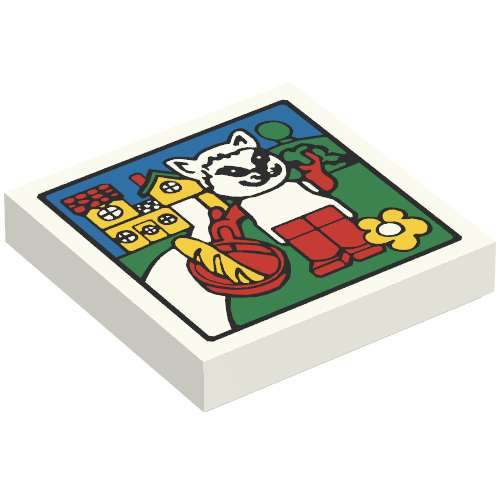 Rendu LDraw de Tuile 2 x 2 avec Fabuland maison et chat motif imprimé (Tile 2 x 2 with Fabuland House and Cat Print), couleur indicative