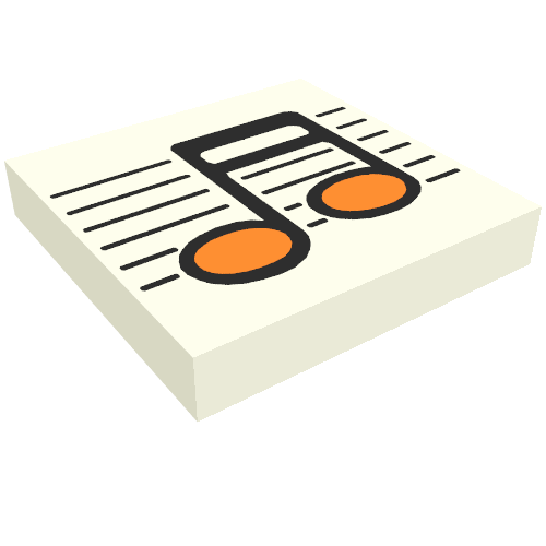 Rendu LDraw de Tuile 2 x 2 avec motif imprimé note de musique noir / orange (Tile 2 x 2 with Black / Orange Music Note Print), couleur indicative