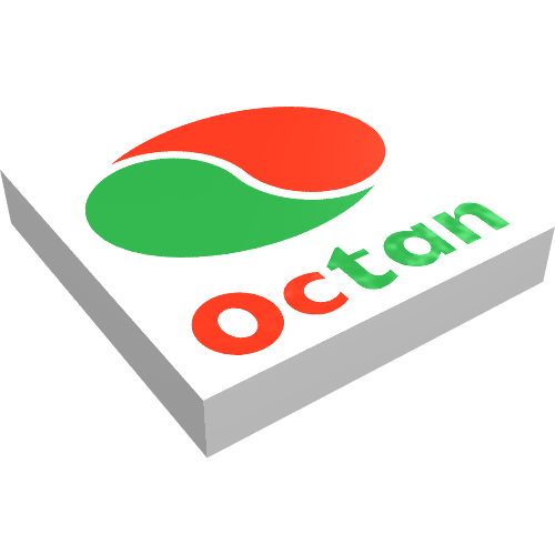 Rendu LDraw de Tuile 2 x 2 avec logo Octan et motif imprimé texte (Tile 2 x 2 with Octan Logo and Text Print), couleur indicative