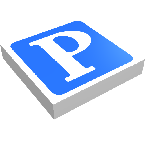 Rendu LDraw de Tuile 2 x 2 avec 'P' sur fond bleu imprimé (Tile 2 x 2 with 'P' on Blue Background Print), couleur indicative