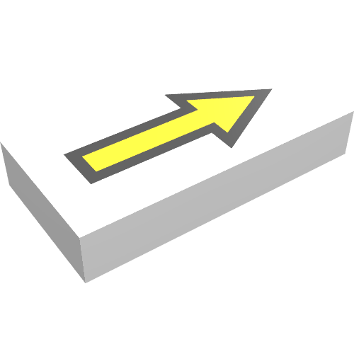Rendu LDraw de Tuile 1 x 2 avec flèche longue jaune avec motif imprimé bordure noire (Tile 1 x 2 with Arrow Long Yellow with Black Border Print), couleur indicative