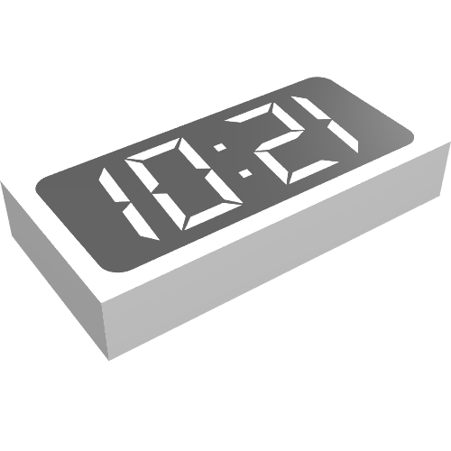 Rendu LDraw de Tuile 1 x 2 avec motif imprimé horloge numérique - '12:01' ou '10:21' (Tile 1 x 2 with Digital Clock Print - '12:01' or '10:21'), couleur indicative