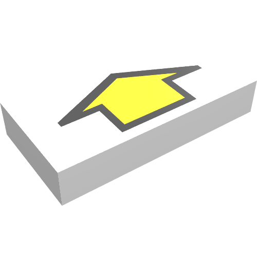 Rendu LDraw de Tuile 1 x 2 avec flèche courte jaune avec motif imprimé bordure noire (Tile 1 x 2 with Arrow Short Yellow with Black Border Print), couleur indicative
