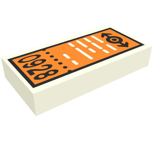 Rendu LDraw de Tuile 1 x 2 avec logo Train et motif imprimé '0928' (Tile 1 x 2 with Train Logo and '0928' Print), couleur indicative