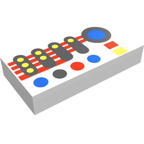 Rendu LDraw de Carreau 1 x 2 avec des contrôles explorien imprimé (Tile 1 x 2 with Explorien Controls Print), couleur indicative