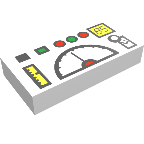 Rendu LDraw de Tuile 1 x 2 avec panneau de télémétrie imprimé (Tile 1 x 2 with Telemetry Panel Print), couleur indicative