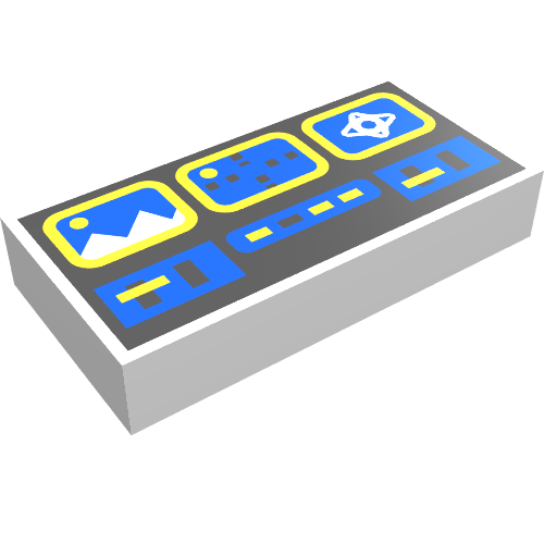 Rendu LDraw de Tuile 1 x 2 avec motif imprimé panneau de contrôle bleu et jaune (Tile 1 x 2 with Blue and Yellow Control Panel Print), couleur indicative